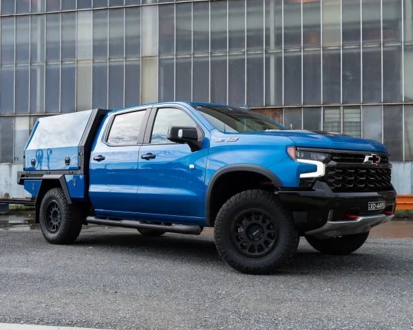 Blue Silverado Custom Tray and Canopy Front View