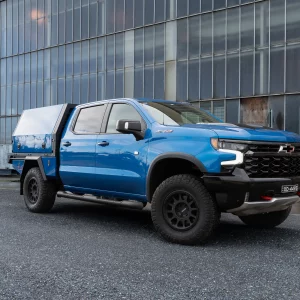 Blue Silverado Custom Tray and Canopy Front View