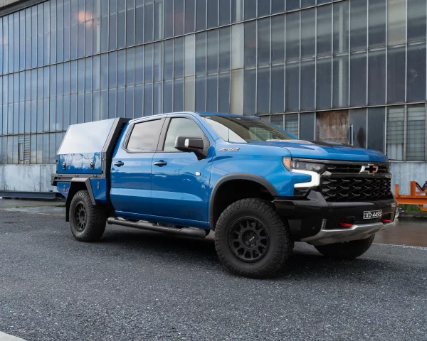 Blue Silverado Custom Tray and Canopy Front View