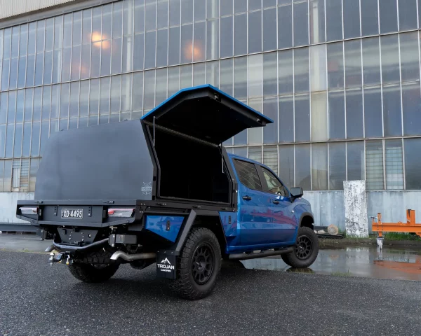 Blue Silverado Custom Tray and Canopy Rear View, Door Open