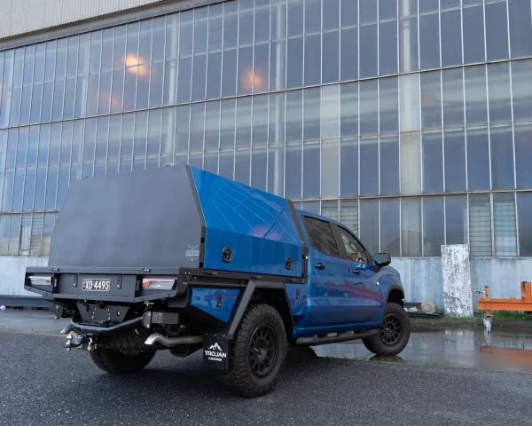 Blue Silverado Custom Tray and Canopy Rear View