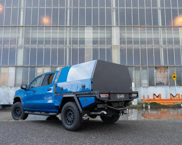 Blue Silverado Custom Tray and Canopy Rear View