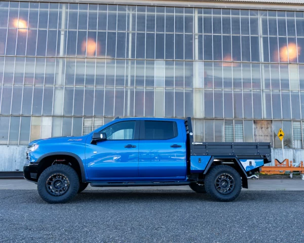 Blue Silverado Custom Tray Side View