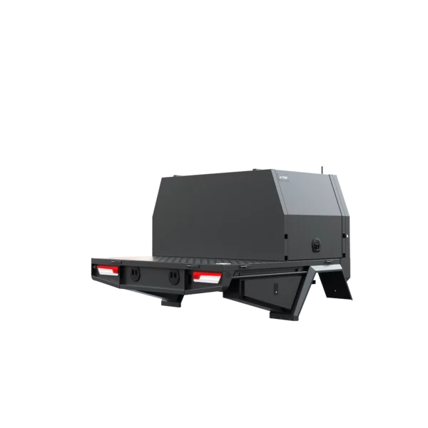 Trojan Canopies 1000mm aluminium canopy, drivers side with doors closed, rear view.