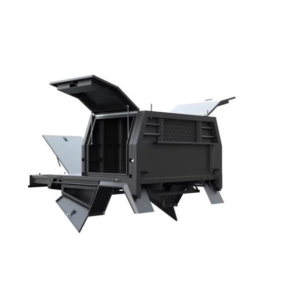 Trojan Canopies 1000mm aluminium canopy, drivers side with doors open, front view.