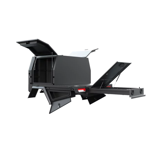 Trojan Canopies 1000mm aluminium canopy, passenger side with doors open, rear view.