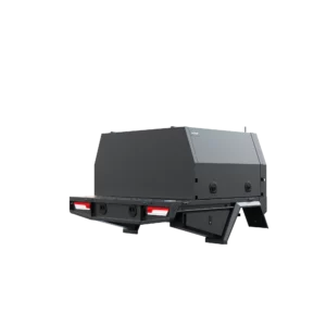 Trojan Canopies 1400mm aluminium canopy, drivers side with doors closed, rear view.