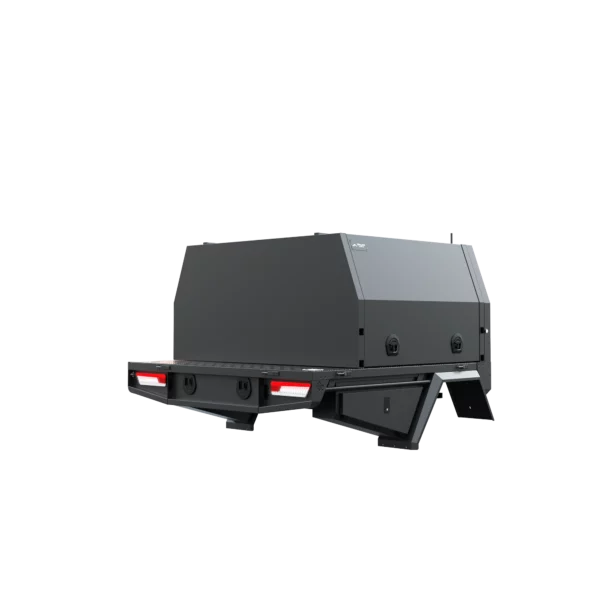 Trojan Canopies 1400mm aluminium canopy, drivers side with doors closed, rear view.