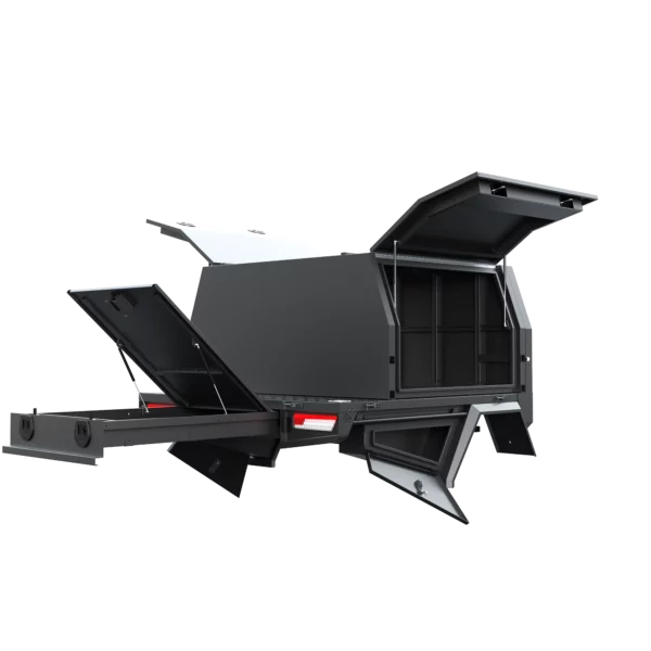 Trojan Canopies 1400mm aluminium canopy, drivers side with doors open, rear view.