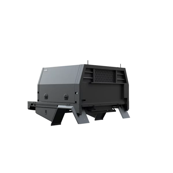 Trojan Canopies 1400mm aluminium canopy, drivers side with doors closed, front view.