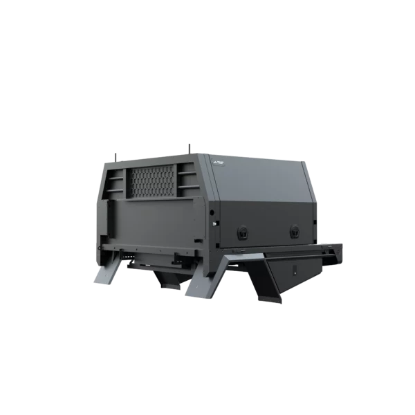 Trojan Canopies 1400mm aluminium canopy, drivers side with doors closed, front view.
