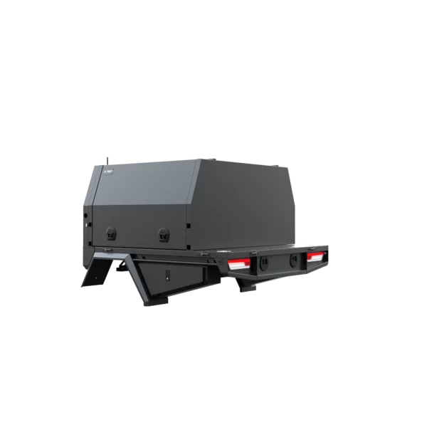 Trojan Canopies 1400mm aluminium canopy, passenger side with doors closed, rear view.