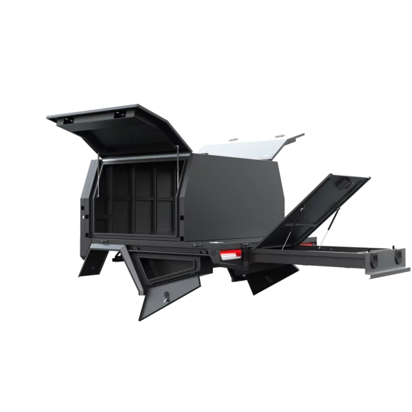 Trojan Canopies 1400mm aluminium canopy, passenger side with doors open, rear view.