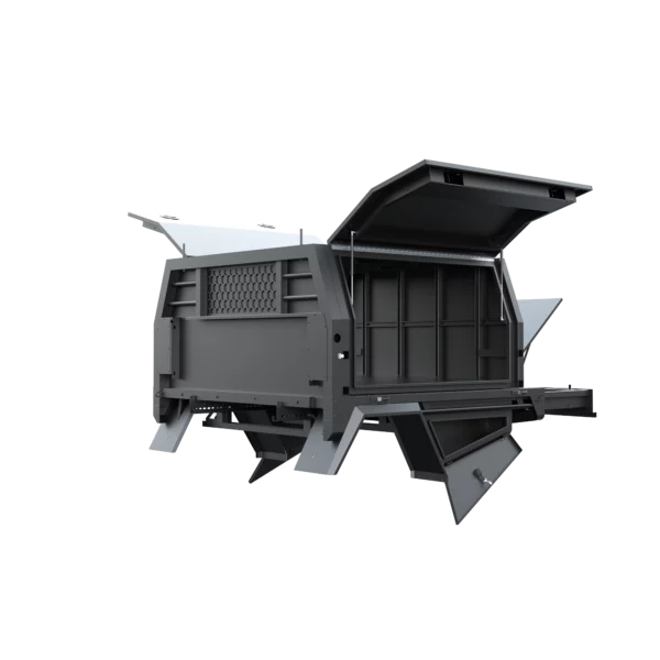 Trojan Canopies 1600mm canopy passenger side with doors open, front view.