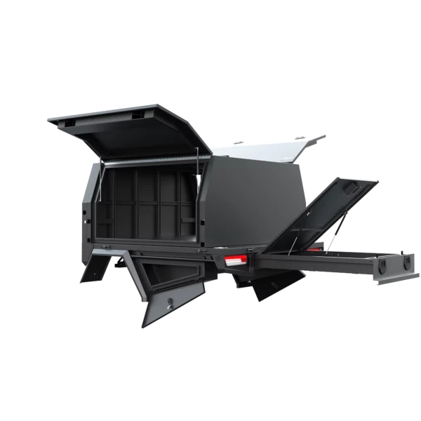 Trojan Canopies 1600mm canopy passenger side with doors open, rear view.