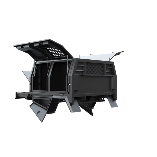 Trojan Canopies 1600mm aluminium dog box canopy drivers side with doors open, front view.