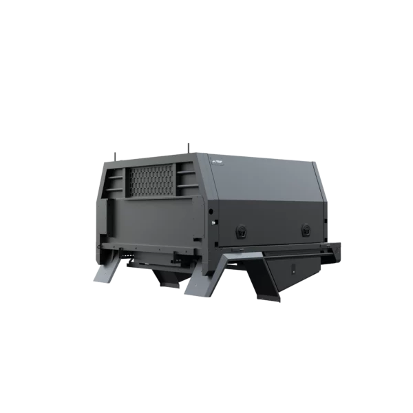 Trojan Canopies 1600mm aluminium dog box canopy drivers side with doors closed, front view.
