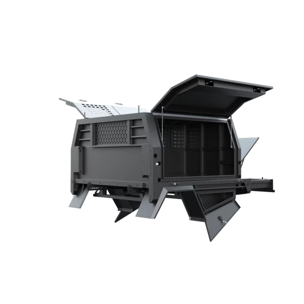 Trojan Canopies 1600mm aluminium dog box canopy drivers side with doors open, front view.