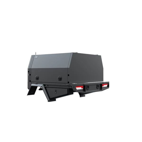 Trojan Canopies 1600mm aluminium dog box canopy drivers side with doors closed, rear view.