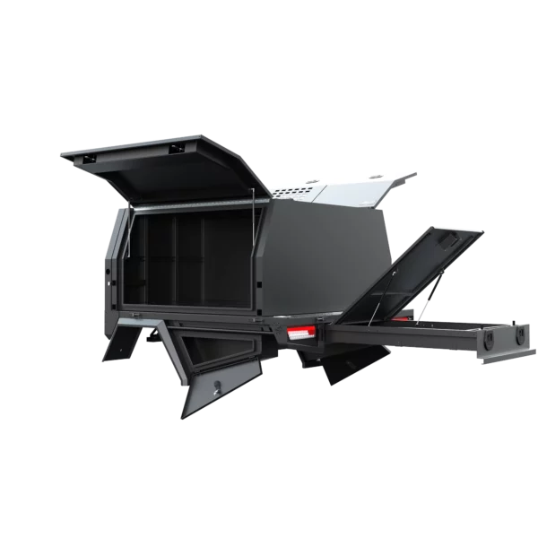 Trojan Canopies 1600mm aluminium dog box canopy drivers side with doors open, rear view.