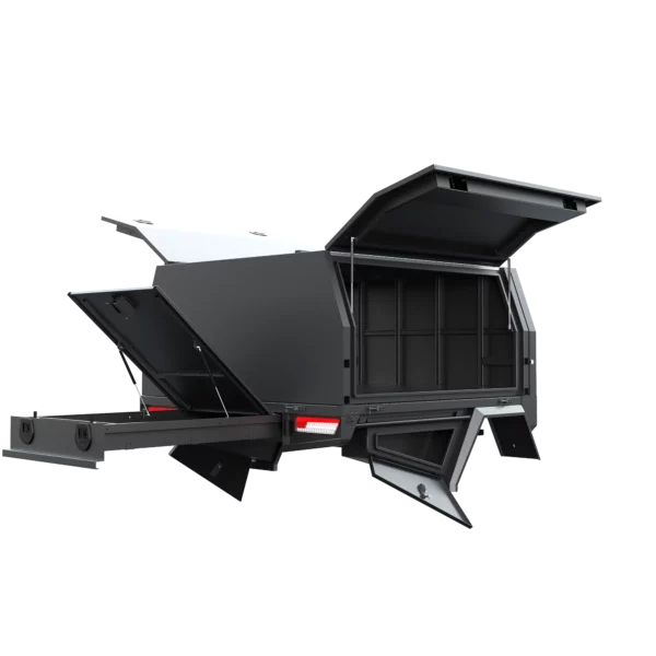Trojan Canopies 1800mm aluminium canopy, drivers side with doors open, rear view.