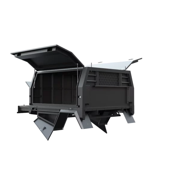 Trojan Canopies 1800mm aluminium canopy, drivers side with doors open, front view.