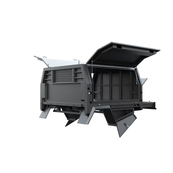 Trojan Canopies 1800mm aluminium canopy, passenger side with doors open, front view.