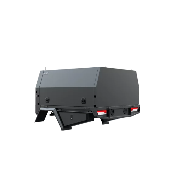Trojan Canopies 1800mm aluminium canopy, passenger side with doors closed, rear view.