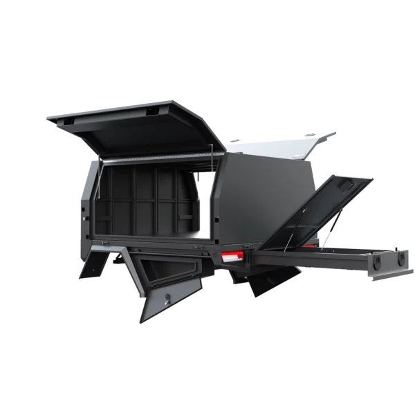 Trojan Canopies 1800mm aluminium canopy, passenger side with doors open, rear view.