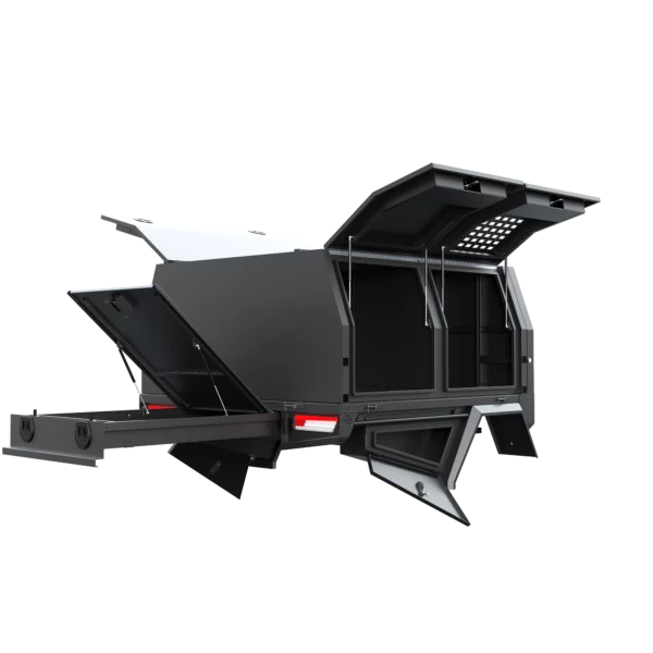 Trojan Canopies 1800mm dog box canopy drivers side open from rear