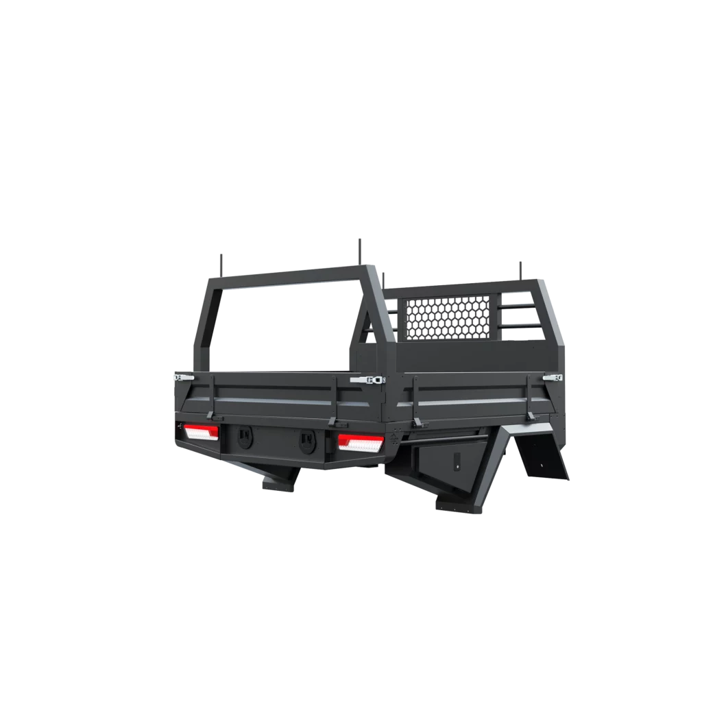 Trojan Canopies 1600mm aluminium tray, drivers side closed draw and boxes, rear view.
