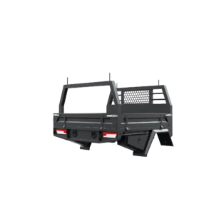Trojan Canopies 1600mm aluminium tray, drivers side closed draw and boxes, rear view.