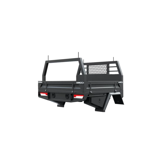 Trojan Canopies 1600mm aluminium tray, drivers side closed draw and boxes, rear view.