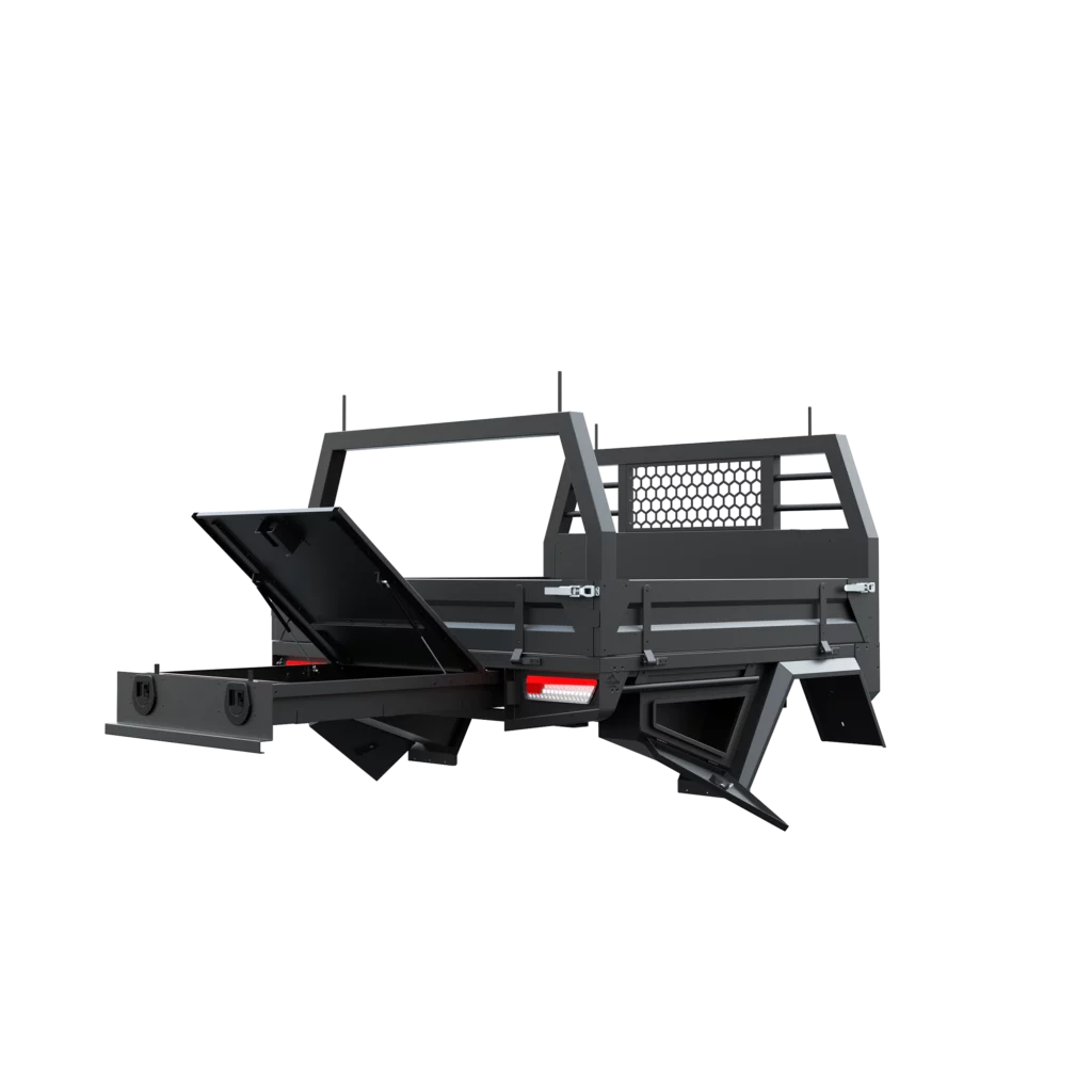 Trojan Canopies 1600mm aluminium tray, drivers side open draw and boxes, rear view.