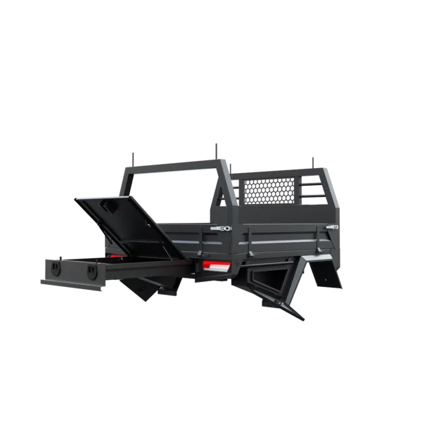 Trojan Canopies 1600mm aluminium tray, drivers side open draw and boxes, rear view.