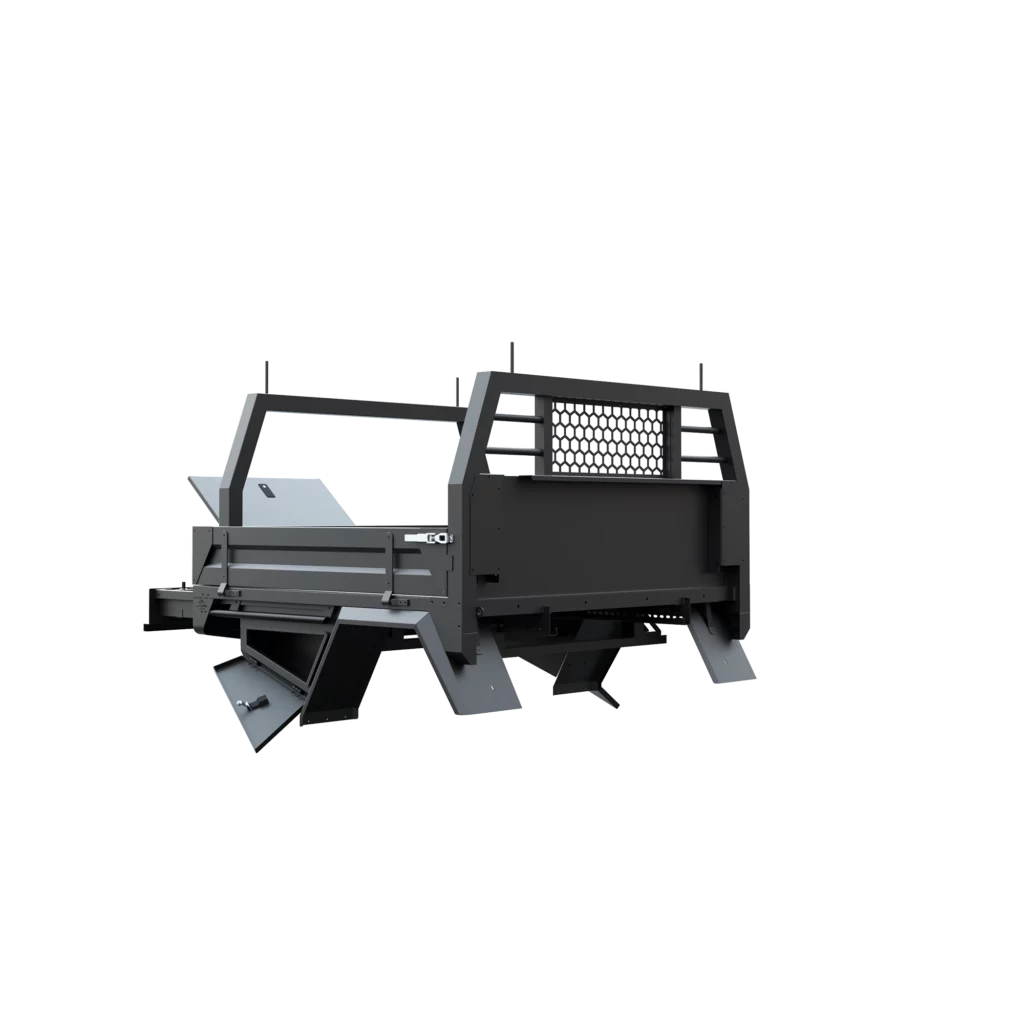 Trojan Canopies 1600mm aluminium tray, drivers side, open draw and boxes, front view.