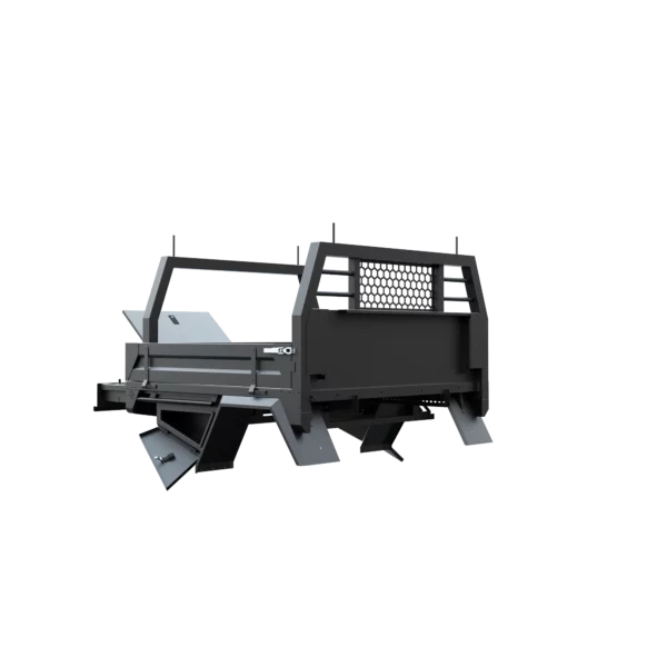 Trojan Canopies 1600mm aluminium tray, drivers side, open draw and boxes, front view.