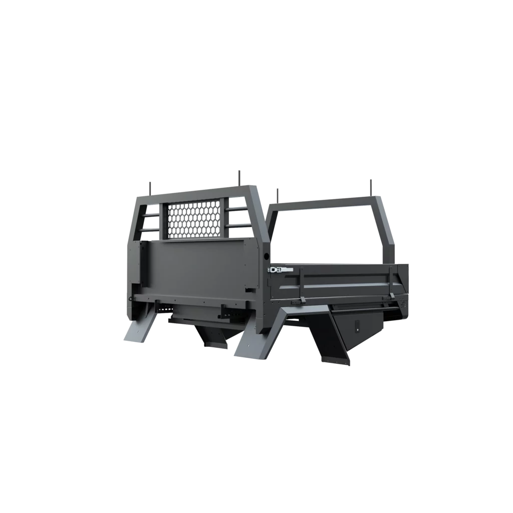 Trojan Canopies 1600mm aluminium tray, passenger side, closed draw and boxes, front view.