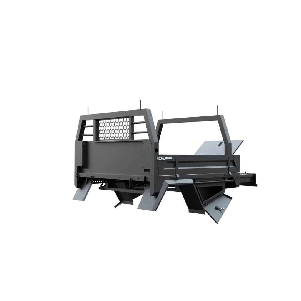 Trojan Canopies 1600mm aluminium tray, passenger side, open draw and boxes, front view.