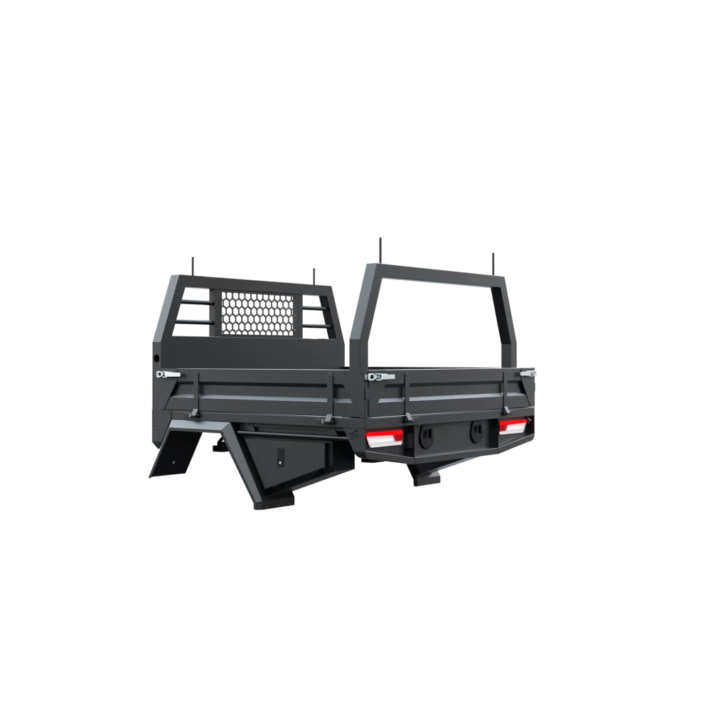 Trojan Canopies 1600mm aluminium tray, passenger side, closed draw and boxes, rear view.
