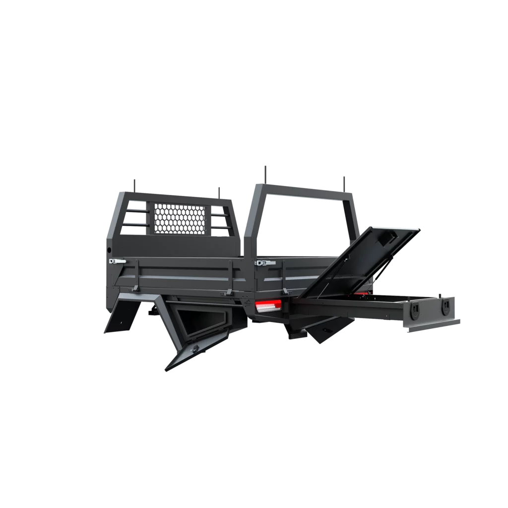 Trojan Canopies 1600mm aluminium tray, passenger side, open draw and boxes, rear view.