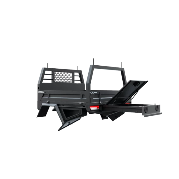 Trojan Canopies 1600mm aluminium tray, passenger side, open draw and boxes, rear view.