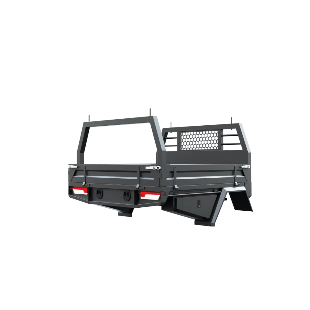 Trojan Canopies 1800mm aluminium tray, drivers side closed draw and boxes, rear view.