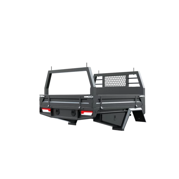 Trojan Canopies 1800mm aluminium tray, drivers side closed draw and boxes, rear view.