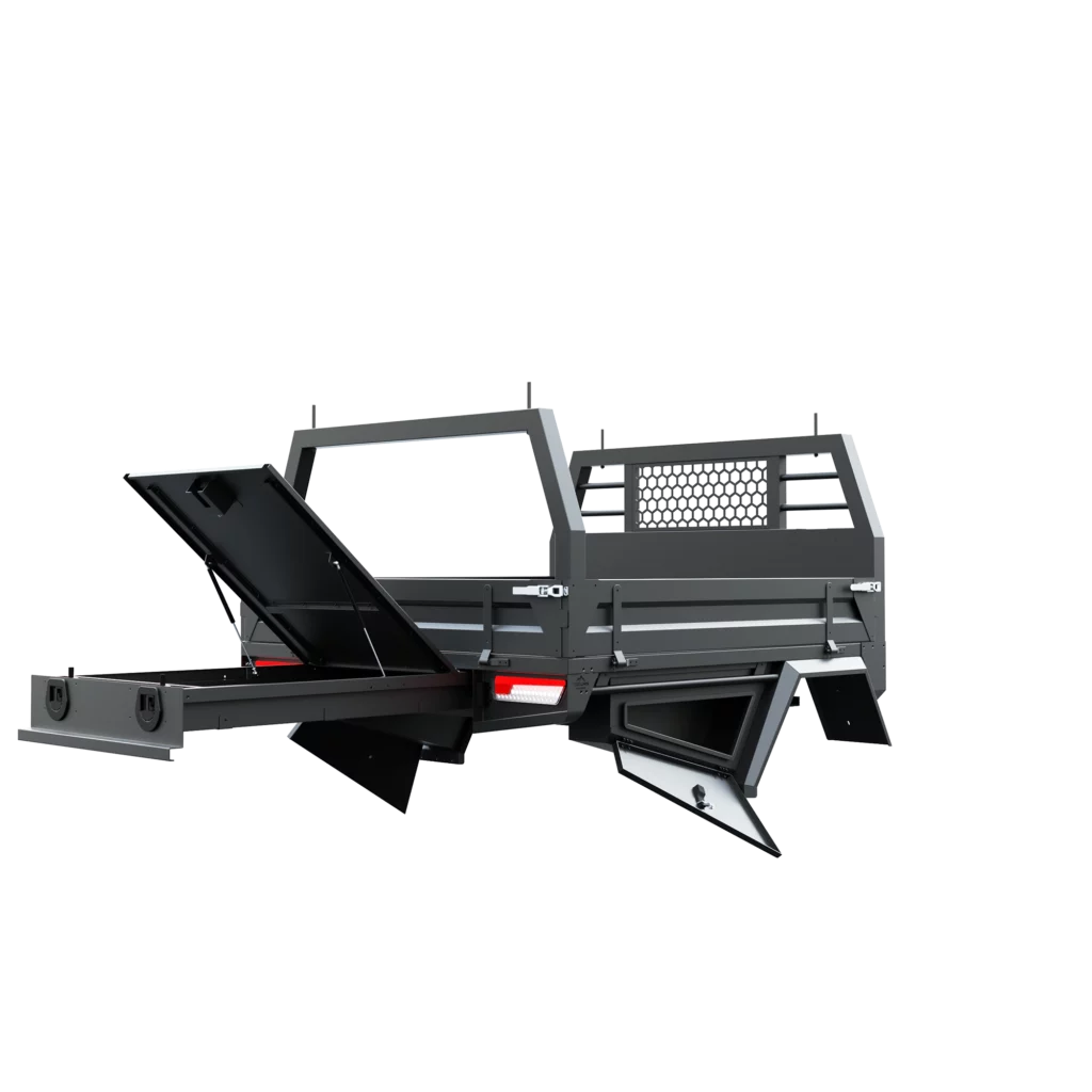 Trojan Canopies 1800mm aluminium tray, drivers side open draw and boxes, rear view.