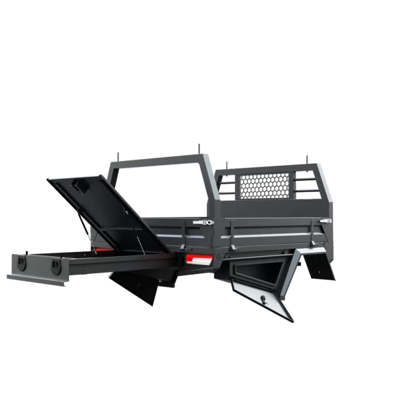 Trojan Canopies 1800mm aluminium tray, drivers side open draw and boxes, rear view.