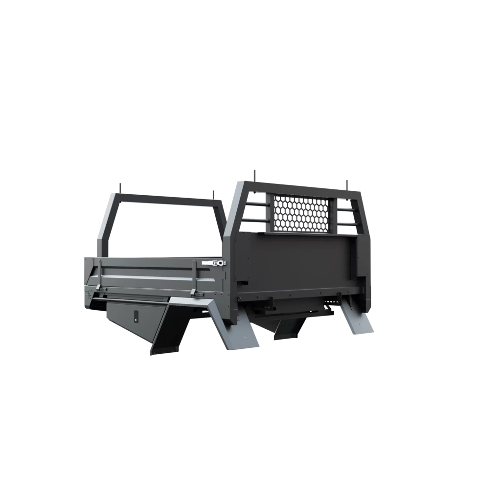 Trojan Canopies 1800mm aluminium tray, drivers side, closed draw and boxes, front view.