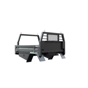 Trojan Canopies 1800mm aluminium tray, drivers side, closed draw and boxes, front view.