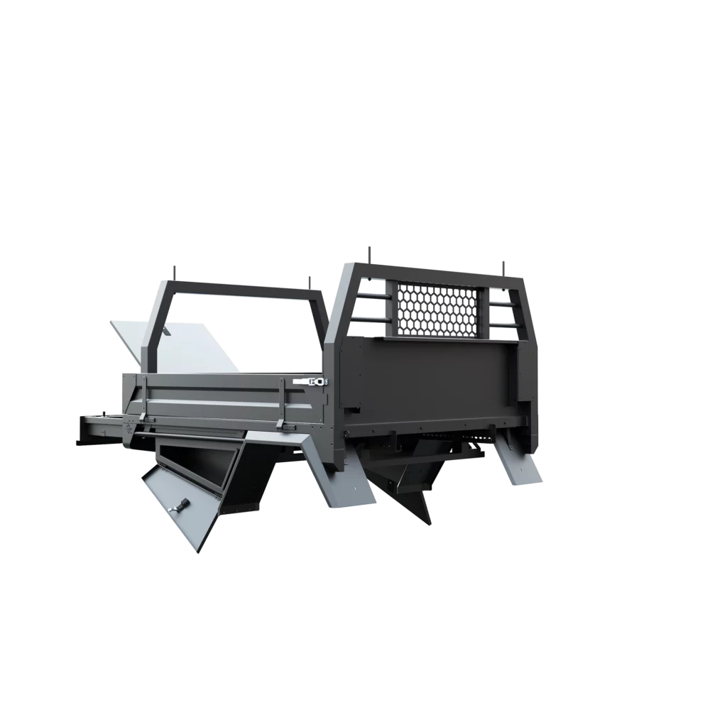 Trojan Canopies 1800mm aluminium tray, drivers side, open draw and boxes, front view.
