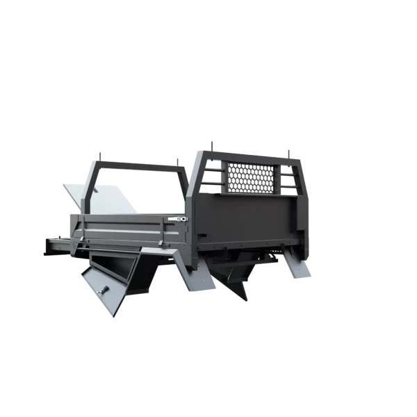 Trojan Canopies 1800mm aluminium tray, drivers side, open draw and boxes, front view.